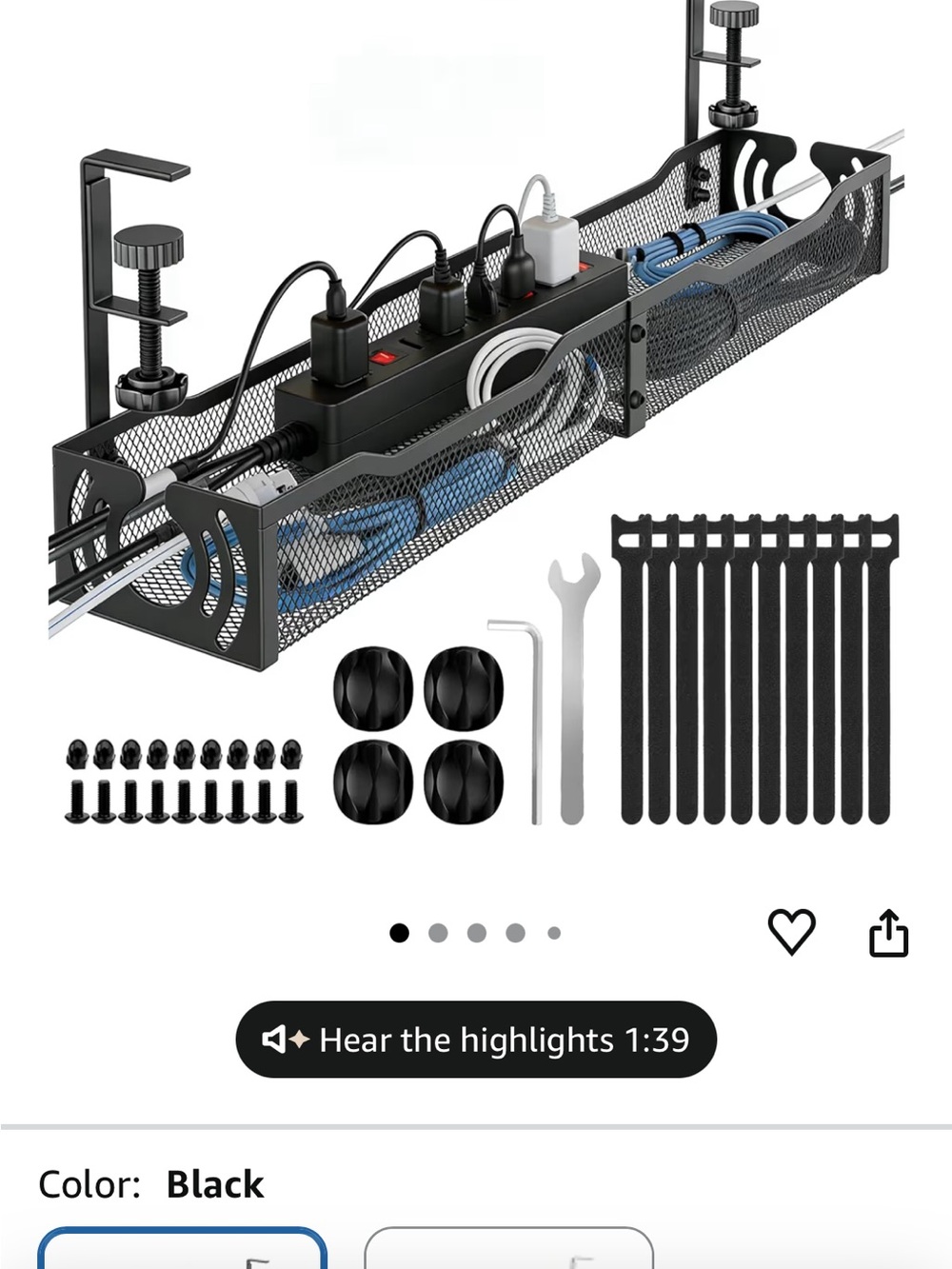 Black Under-Desk Cable Management Tray with Clamp Mount